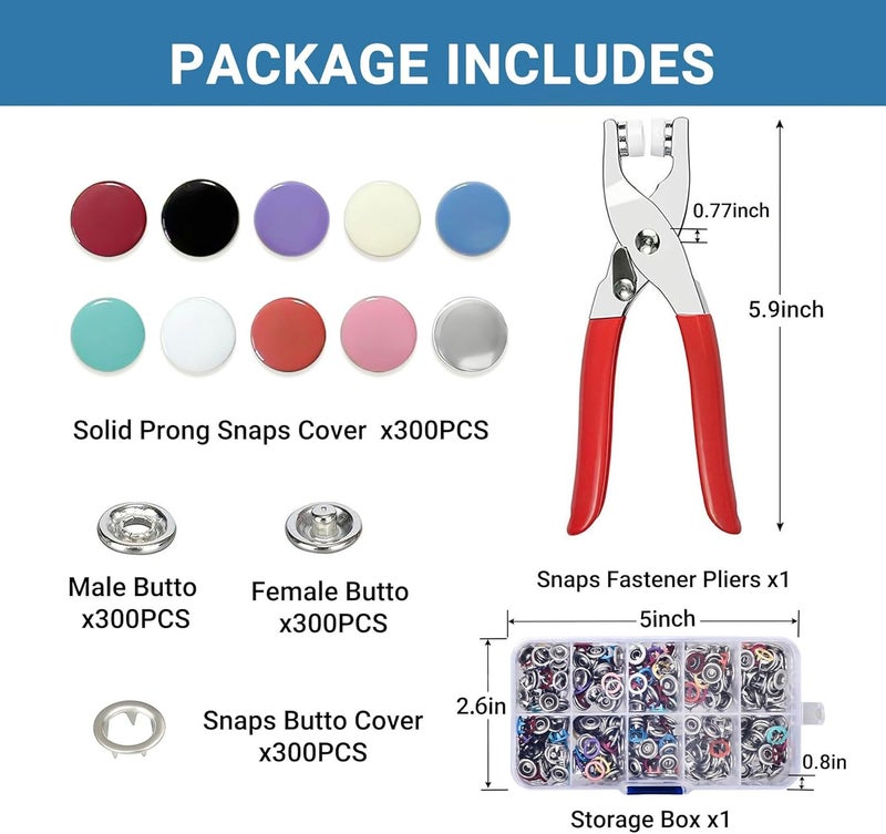Forimaluence 300 Sets Metal Snap Buttons with Fastener Pliers Press Tool Kit, 10 Colors Solid Sewing Snaps for Fabric,Prong Snap Button Kits for DIY Crafting Clothing Sewing (9.5mm / 1200 PCS) - Image 2